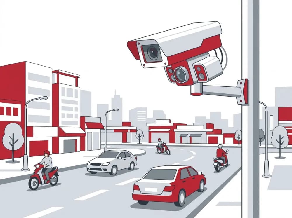 Camera phạt nguội gắn trên cột giám sát ô tô và xe máy lưu thông trên đường phố Việt Nam
