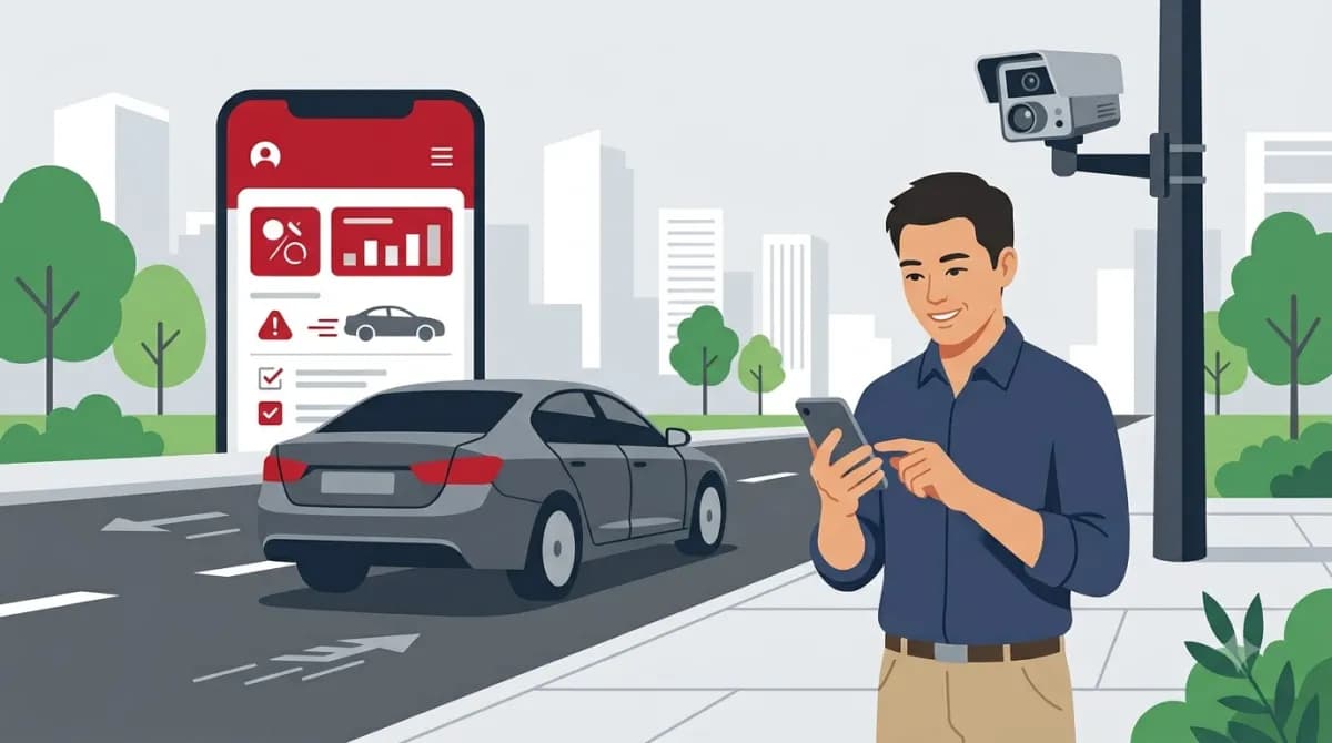 Người dân tra cứu phạt nguội ô tô bằng điện thoại bên cạnh camera giám sát giao thông